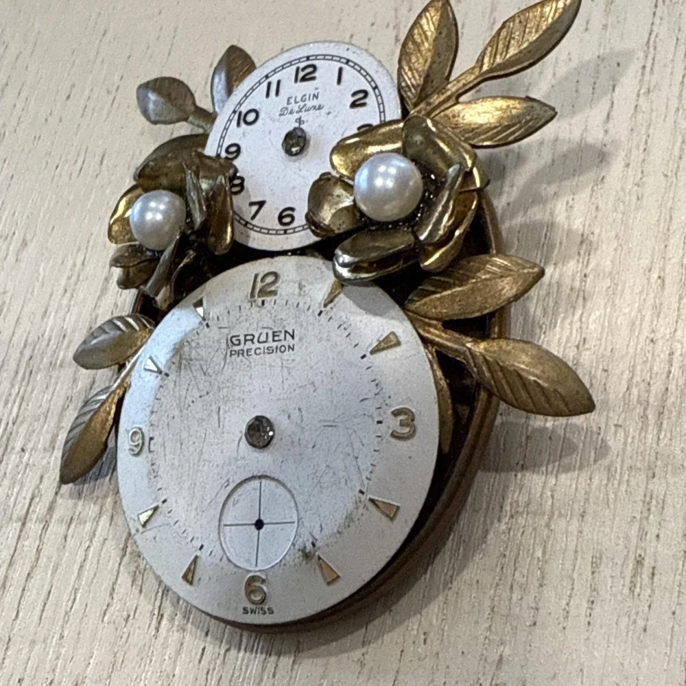 Vintage Handmade‎ Watch Face & Parts Brooch Pin One Of A Kind
